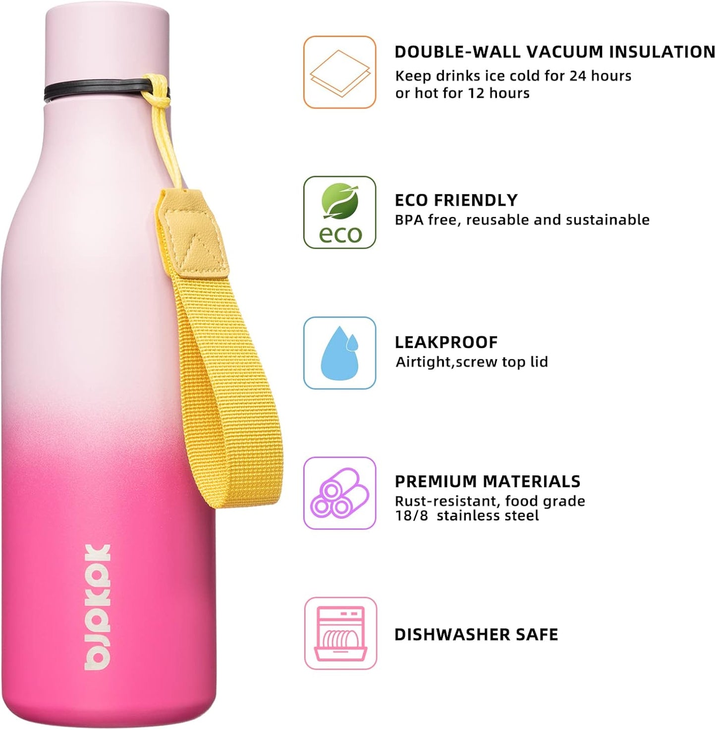 BJPKPK Insulated Water Bottles, 18 oz Stainless Steel Metal Water Bottle with Strap, BPA Free Leak Proof Jugs, Mugs, Flasks, Reusable Thermal Flasks for Sports & Travel, Black - Colors B