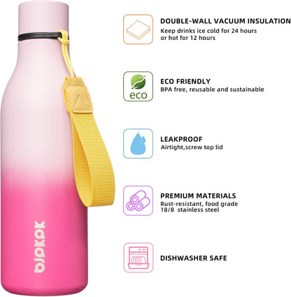 BJPKPK Insulated Water Bottles, 18 oz Stainless Steel Metal Water Bottle with Strap, BPA Free Leak Proof Jugs, Mugs, Flasks, Reusable Thermal Flasks for Sports & Travel, Black - Colors B