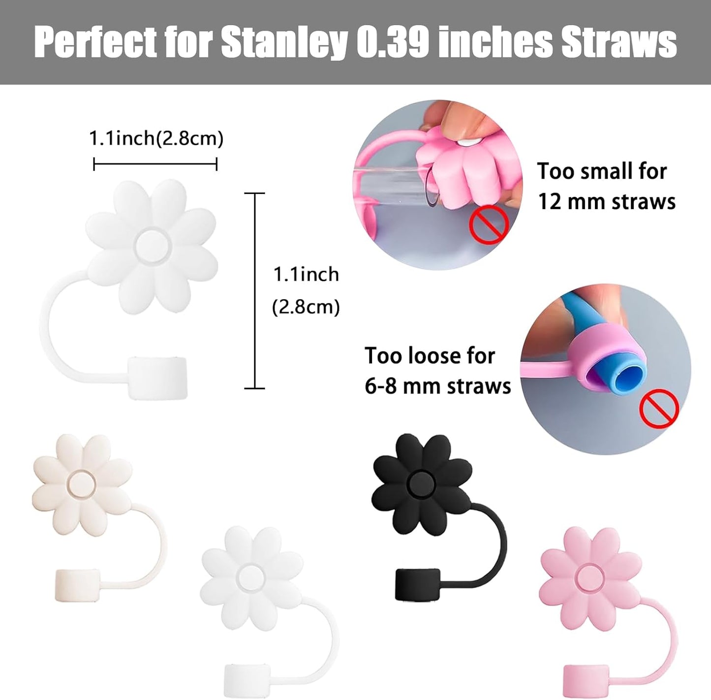 Flower Straw Covers Toppers for Stanley Cups 30&40 Oz Tumbler with Handle Accessories 4PCS Silicone Straw Caps Reusable Straws Tips Protectors for Stanley Cup 10mm 0.4in Straws,Off White