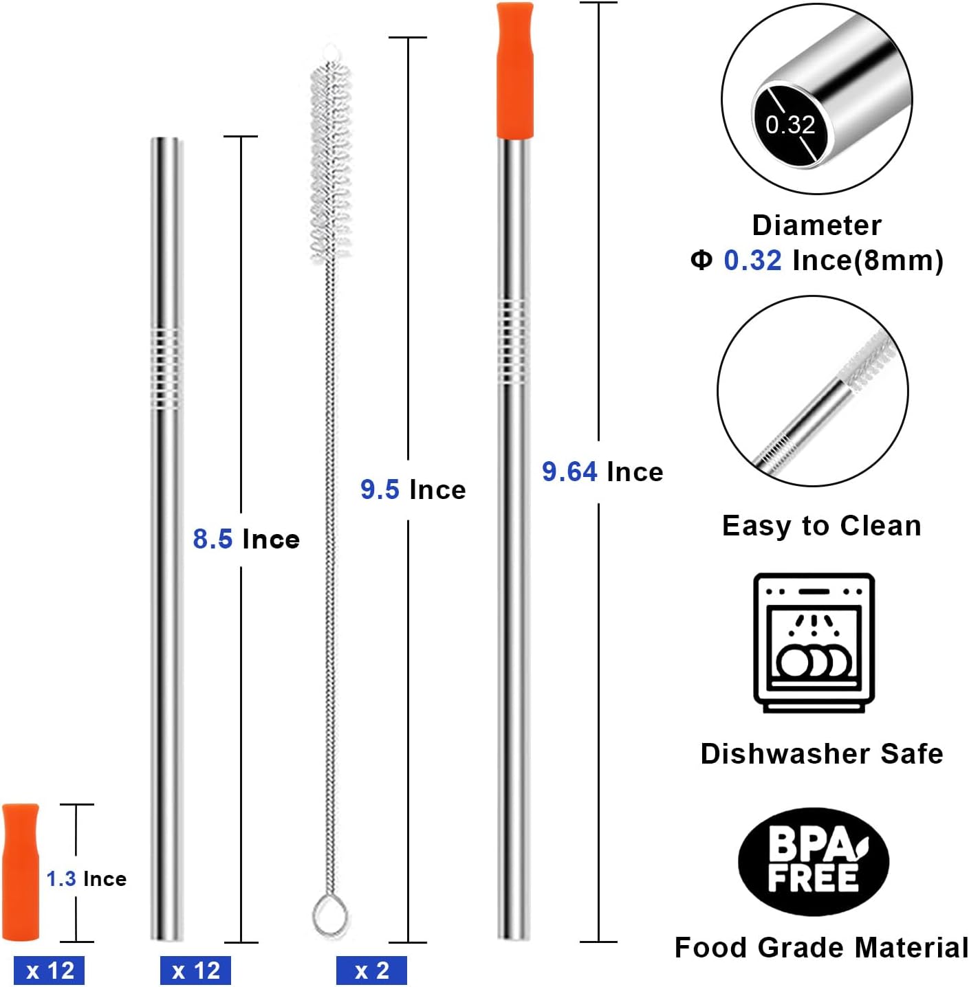 Reusable Stainless Steel Straws Set 6 PCS with 6 Silicone Tips, 2 Straw Brush, 1 Storage Case, Different Sizes of Metal Straws Reusable, Suitable for 14, 20, 30 oz Cups Tumbler, for Hot/Cold Drinks