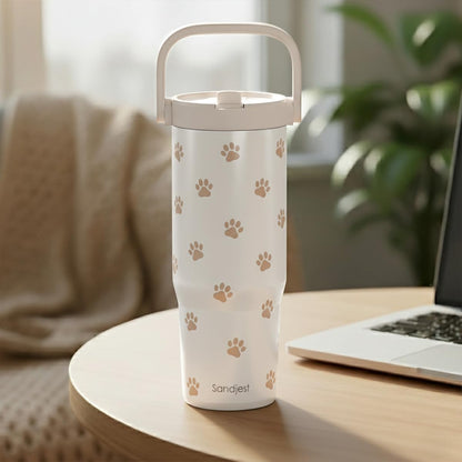 SANDJEST Leopard Skin Stainless Steel Straw Lid Tumbler 30oz with Carry Handle for Women Girls, Insulated Travel Coffee Cup, Gift for Sports Outdoor Workout Christmas Birthday (Beige)