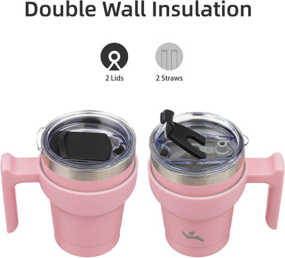Konokyo 20 oz Tumbler with Handle and 2 Straw 2 Lid, Insulated Water Bottle Stainless Steel Vacuum Cup Reusable Travel Mug,Black