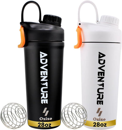 Ozizo 2 Pack Stainless Steel Insulated Protein Shaker Bottle, 20oz Leak Proof Shaker Cup with Wire Whisk Ball for Protein Mixes, Hot & Cold Drinks, Gym & Fitness (Blue + Blue)