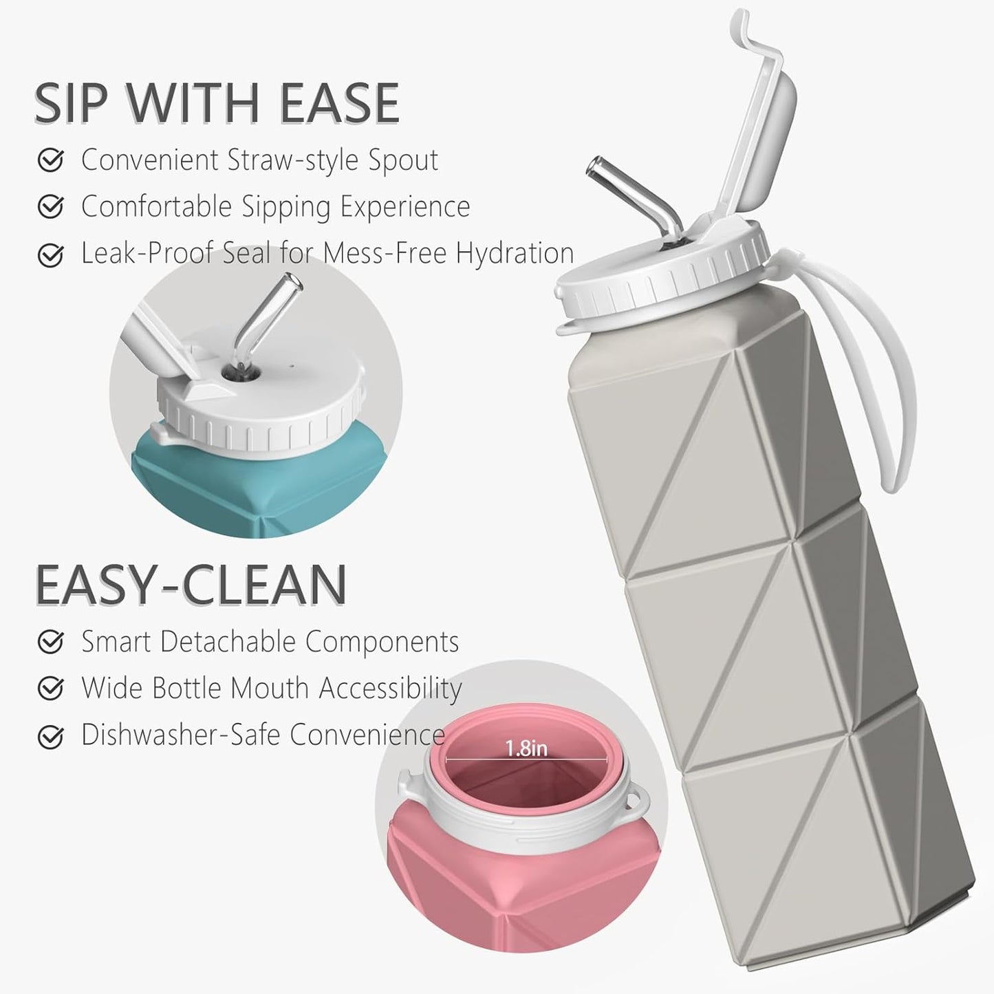 BEAUTAIL Collapsible Water Bottles 20.6oz, Silicone Foldable Portable Travel Water Bottle, Lightweight Reusable Leakproof for Traveling Camping Hiking Cycling Yoga Sports Outdoor