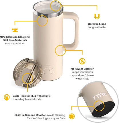 RTIC 20oz Road Trip Travel Mug with Lid and Handle, Ceramic Lined, Insulated, Stainless Steel, Metal, Double Wall Vacuum-Insulation, Portable Coffee, Tea Cup for Hot and Cold Drink, Black