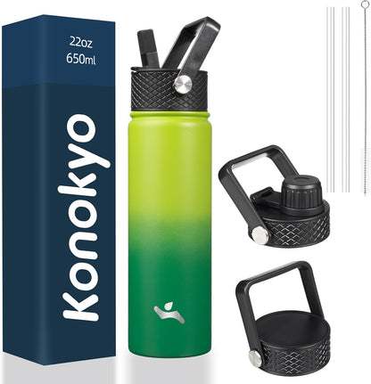 Konokyo 22oz Stainless Steel Bottles with 3 Lids Sport Insulated Water Bottle,Mint