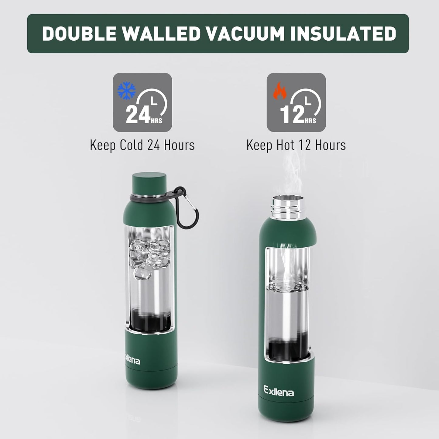 Exllena Slim Insulated Water Bottles for Travel 18oz with Clip, Double Wall Vacuum Stainless Steel Water Bottle Keeps Drinks Cold 24 Hrs/Hot 12 Hrs, 100% Leakproof, BPA Free(Black)