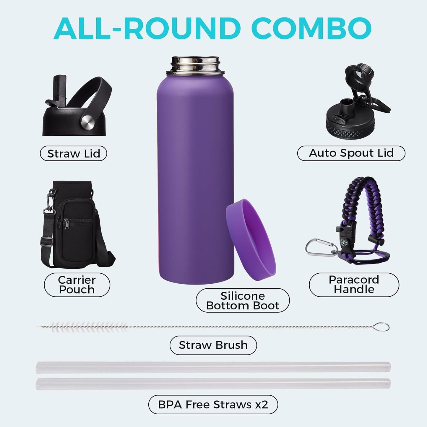 32/40/64OZ Insulated Water Bottle - Keep Cold 48H Hot 24H, Combo Straw/Spout Lids, Paracord Handle for Gym/Hiking, Carrier Bag +Strap, Cup Mat, BPA-Free Stainless Steel Flask Jug