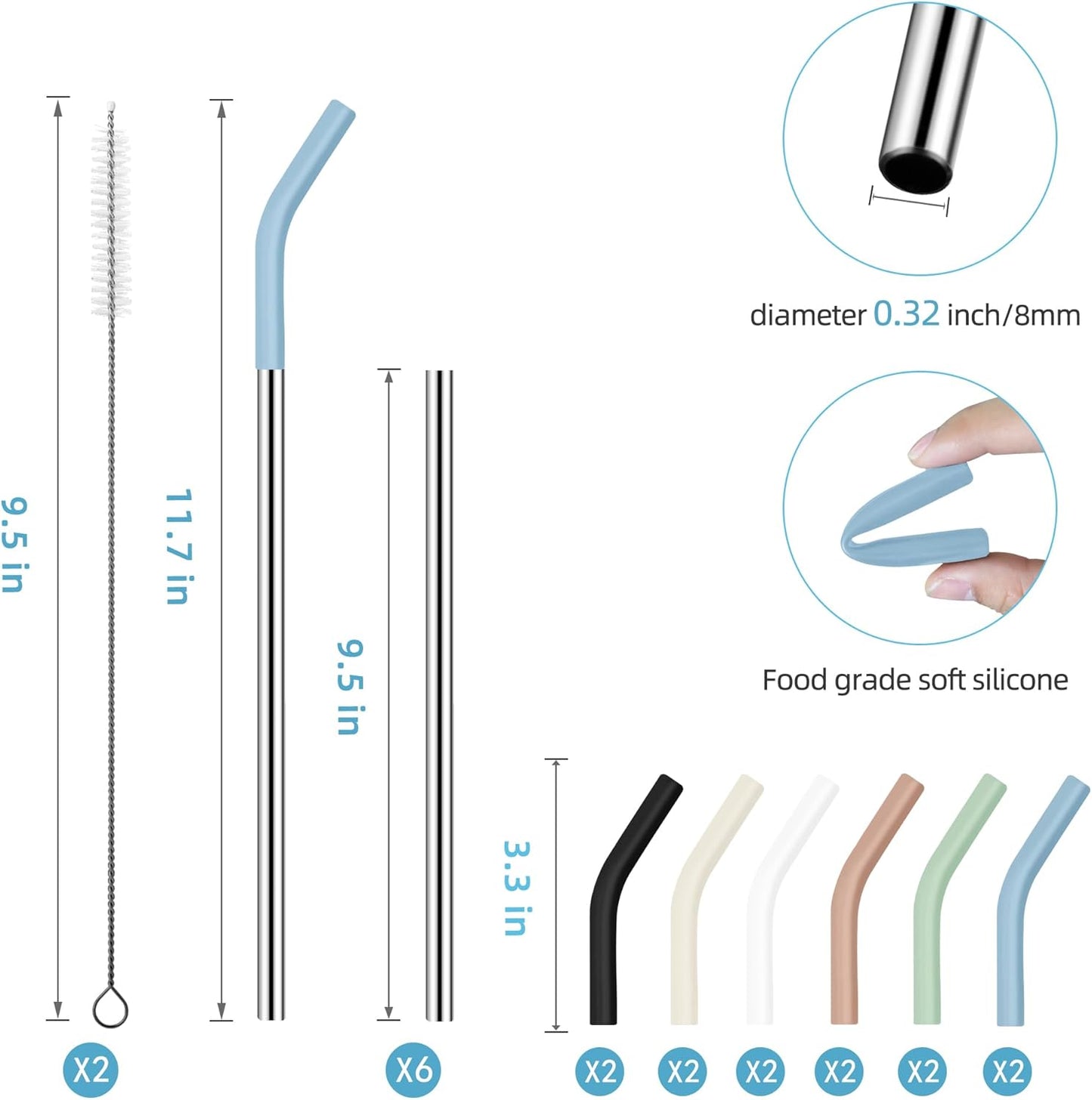 40 oz Stainless Metal Straws for 40 oz Stanley Tumbler, 6Pcs Reusable Straight Long Steel Straws with 12 Silicone Tips and 2 Straw Cleaning Brushes (6Color1, 40oz)