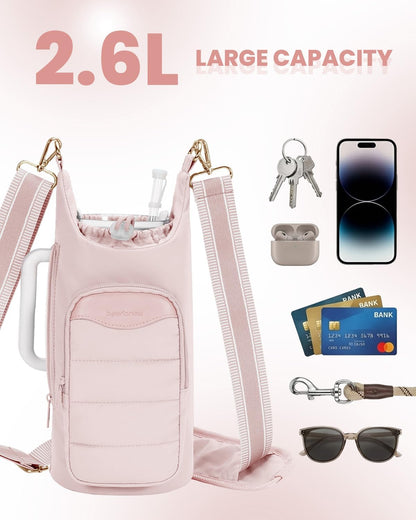 sportsnew Water Bottle Holder, Crossbody Insulated Cup Sleeve for 30oz/40oz Tumbler with Handle, Puffy Carrier Bag with Phone & RFID-Blocking Card Pocket & Drawstring Closure for Quick Access