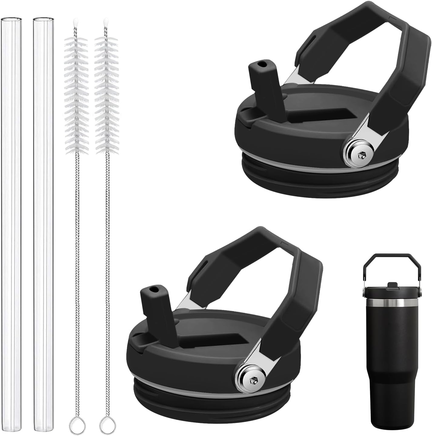 2-Pack Replacement Flip Straw Lids for Stanley IceFlow Tumbler 30oz and 20oz, Spill-Proof Cap with 2 Reusable Straws & 2 Cleaning Brushes, BPA-Free, Easy to Clean