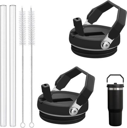 2-Pack Replacement Flip Straw Lids for Stanley IceFlow Tumbler 30oz and 20oz, Spill-Proof Cap with 2 Reusable Straws & 2 Cleaning Brushes, BPA-Free, Easy to Clean