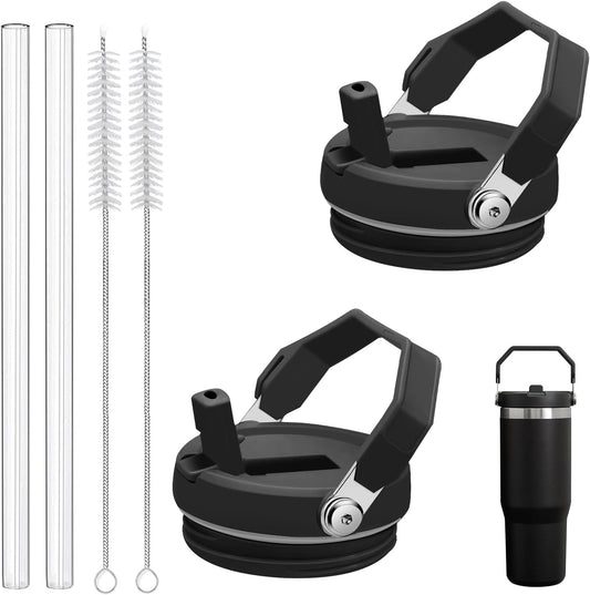 2-Pack Replacement Flip Straw Lids for Stanley IceFlow Tumbler 30oz and 20oz, Spill-Proof Cap with 2 Reusable Straws & 2 Cleaning Brushes, BPA-Free, Easy to Clean