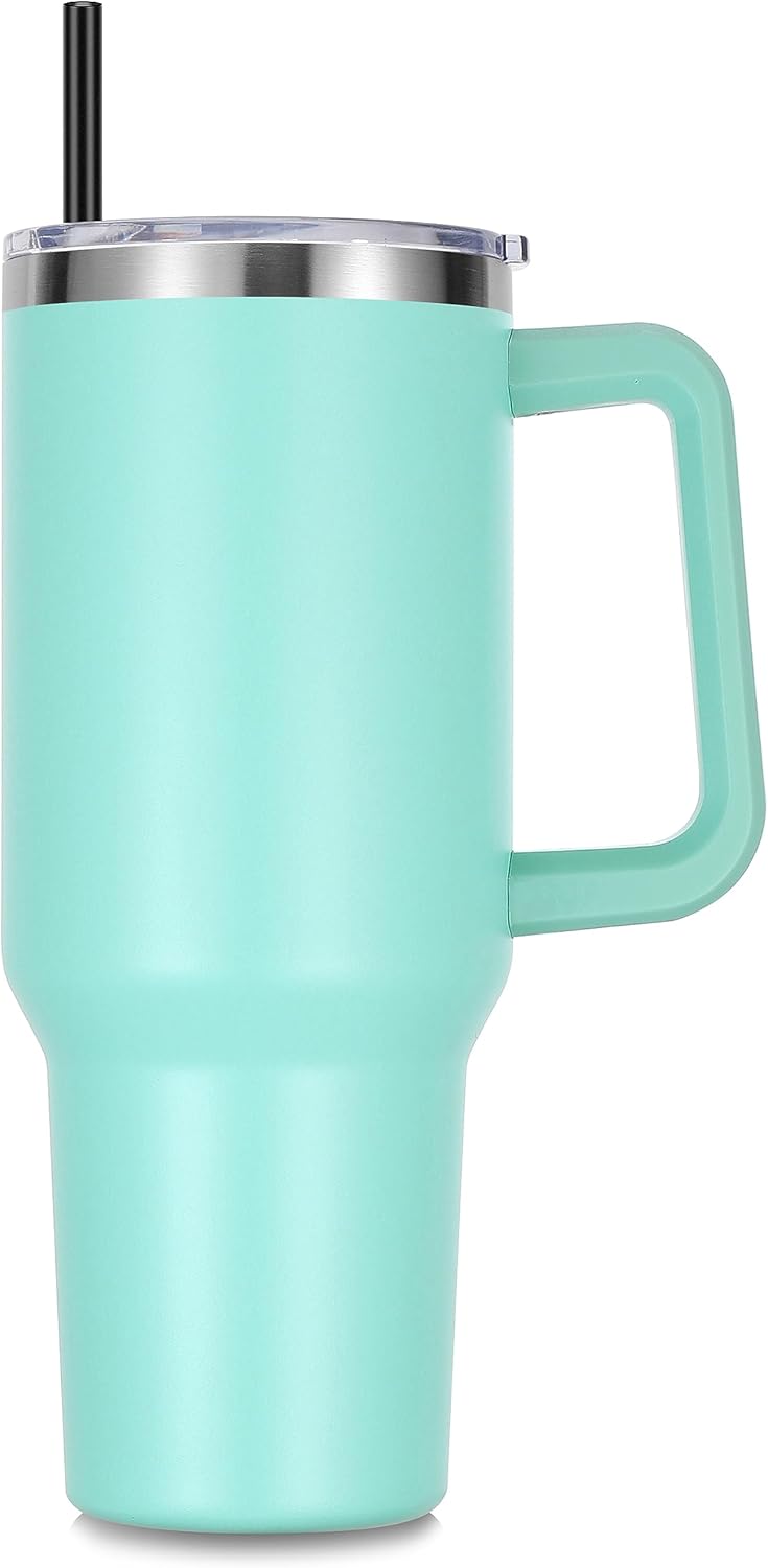 DOMICARE 40 oz Tumbler with Handle and Straw, Stainless Steel Tumbler with Lid and Straw, Reusable Vacuum Insulated Cup, Travel Coffee Mug, Blue, 1Pack
