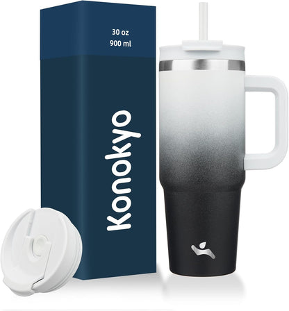 Konokyo 30 oz Tumbler with Handle and 2 Straws,2 in 1 Lid Insulated Water Bottle Stainless Steel Travel Coffee Mug,Sky