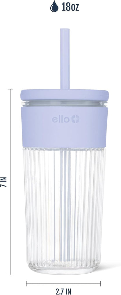 Ello Devon Glass Tumbler , Protective No Sweat Silicone Sleeve and Splash Proof Wooden Detail Lid with Straw, 18 oz