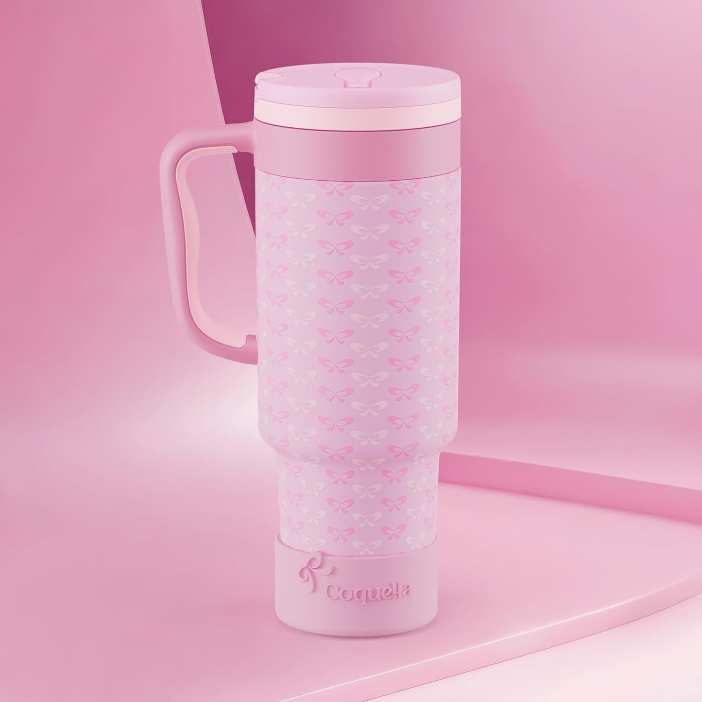 40 oz Insulated Tumbler with Handle and Push-Button Straw Lid, Stainless Steel Travel Cup for Gym Office, Leakproof, BPA-Free, Cup Holder Friendly, Bow Silicone Boot, Purple (Light Lilac)