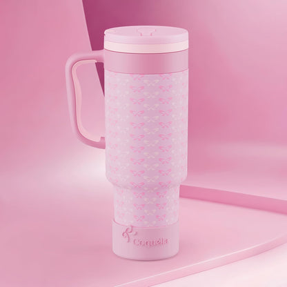 40 oz Insulated Tumbler with Handle and Push-Button Straw Lid, Stainless Steel Travel Cup for Gym Office, Leakproof, BPA-Free, Cup Holder Friendly, Bow Silicone Boot, Purple (Light Lilac)