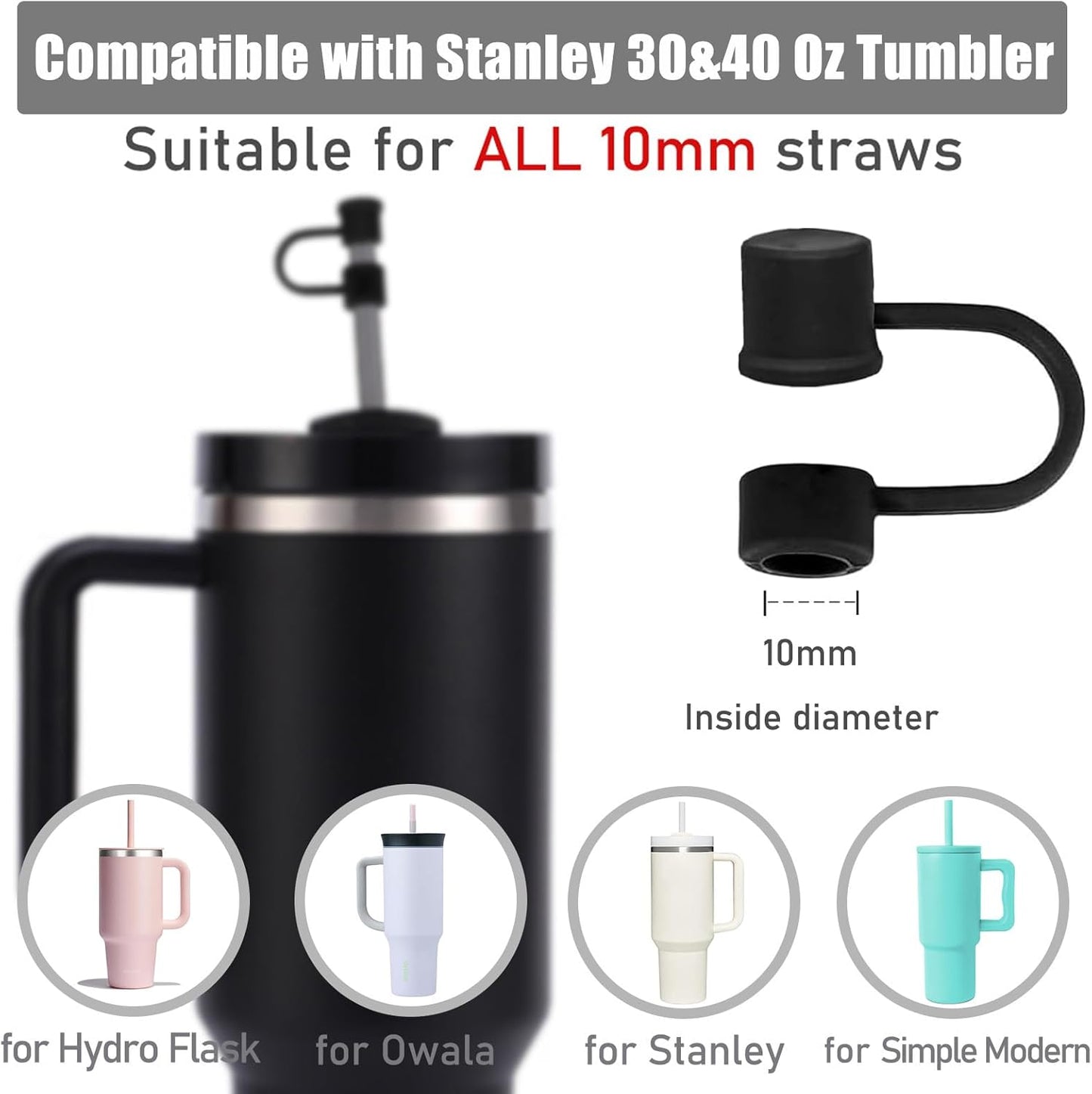 6PCS Silicone Straw Covers Cap Compatible with Stanley Cup 30-40 oz Tumbler with Handle 10mm Straw Toppers，Dust-Proof Reusable Straw Cover for Stanley Cup Accessories (Black)