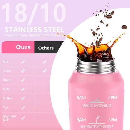 SLUXKE 24oz Insulated Water Bottle 18/10 Stainless Steel with 2Lids(Straw Lid& Spout Lids), 700ml Double Wall Vacuum Water Bottle with Handle Keep Cold and Hot for Men, Women & Kids PURPLE PINK