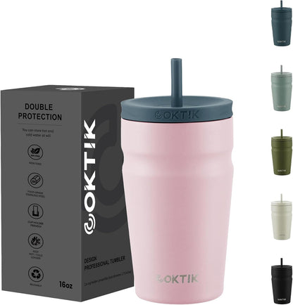 COKTIK 24oz Insulated Tumbler with Lid and Straw Iced Coffee Cup Reusable Stainless Steel Travel Mug Water Bottle Cupholder Friendly for Women Men Her Him (Blush)