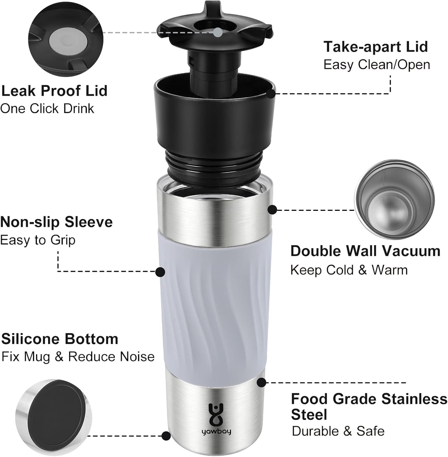 Travel Coffee Mug with 360°Lid, Travel Coffee Tumbler 16 oz Leak Proof, Stainless Steel Insulated Travel Mugs for Hot and Cold Spill Proof Leak Proof (Purple)