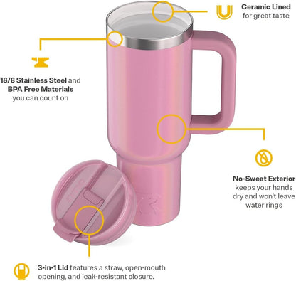 RTIC 30 oz Road Trip Tumbler Double-Walled Ceramic Lined InsulatedStainless Steel Portable Travel Coffee Mug Cup with Lid, Handle and Straw, Periwinkle Bouquet