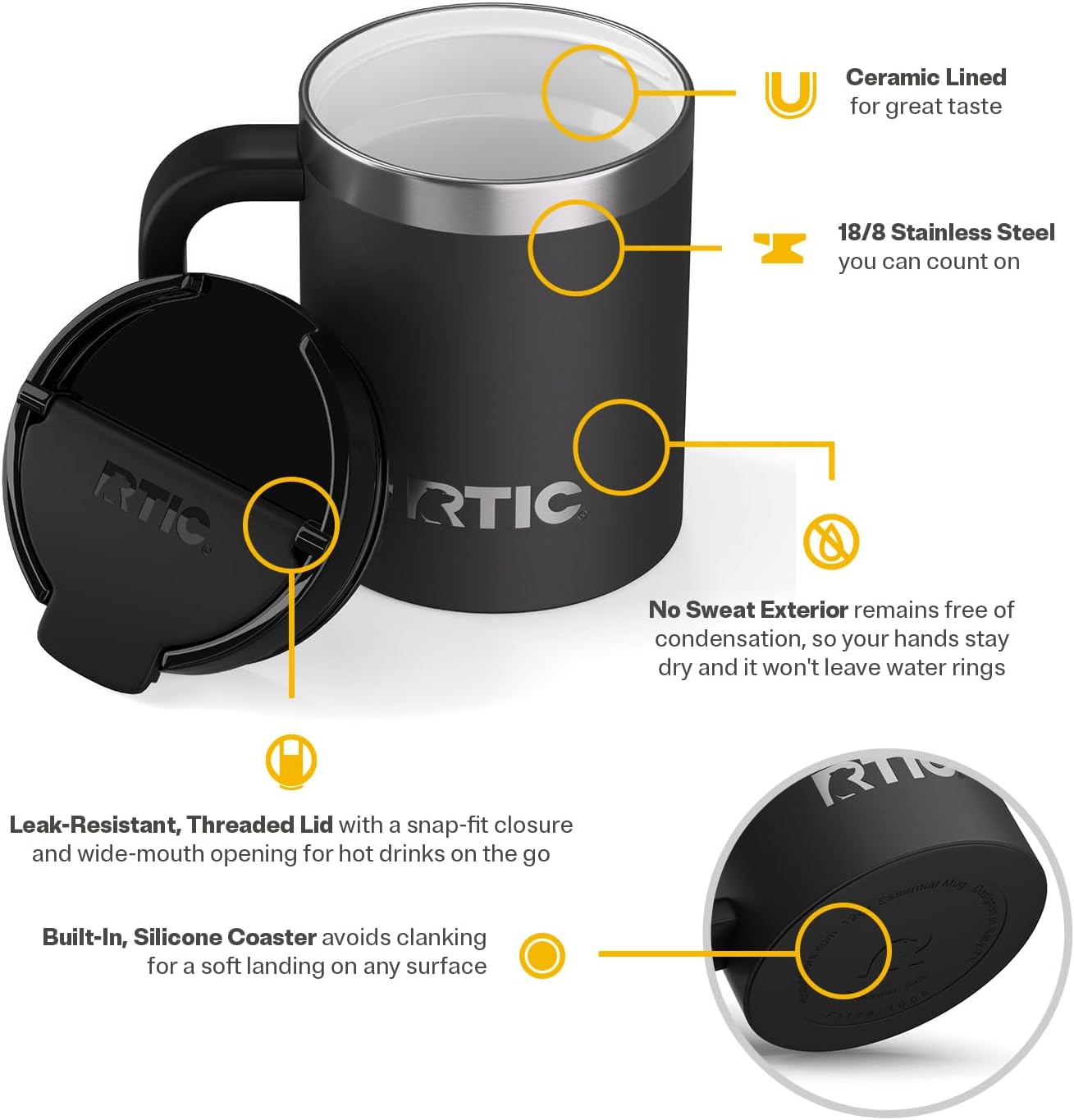 RTIC 12oz Essential Mug with Lid and Handle, Ceramic Lined, Insulated, Stainless Steel, Metal, Double Wall Vacuum-Insulation, Portable, Travel Cup for Hot and Cold Drink, Beach