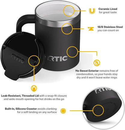 RTIC 12oz Essential Mug with Lid and Handle, Ceramic Lined, Insulated, Stainless Steel, Metal, Double Wall Vacuum-Insulation, Portable, Travel Cup for Hot and Cold Drink, Beach