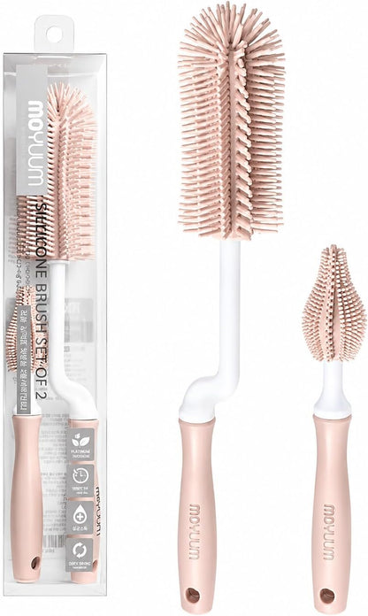 Moyuum Silicone Baby Bottle and Nipple Brush Set | Made in Korea, 360 Degree Rotating Handle, Soft Bristles, Hanging Hole for Quick Drying and Storage, Dishwasher Safe (Cool Grey)