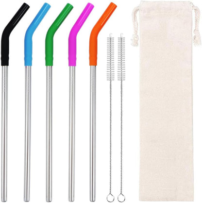 Lazycorner 16 Pcs Metal Straw Reusable 8.5" 10.5" 6mm Stainless Steel Straws for Tumblers 20oz-32oz, Rainbow Drinking Straws with Silicone Tips, 4 Straw Cleaner Brush, 1 Travel Case