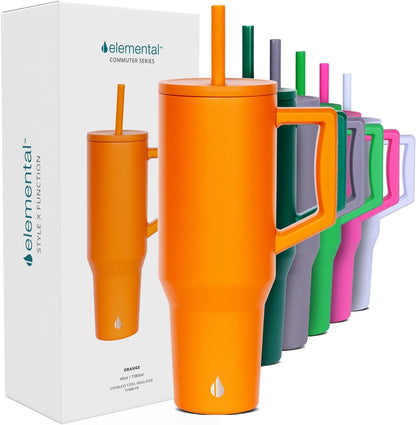 Elemental 32 oz 100% Leak Proof Tumbler with Handle & Straw - Stainless Steel Double Wall Insulated Tumbler for Hot and Cold Beverages - Travel Coffee Mug with Sip & Straw Lid - White - Colors A