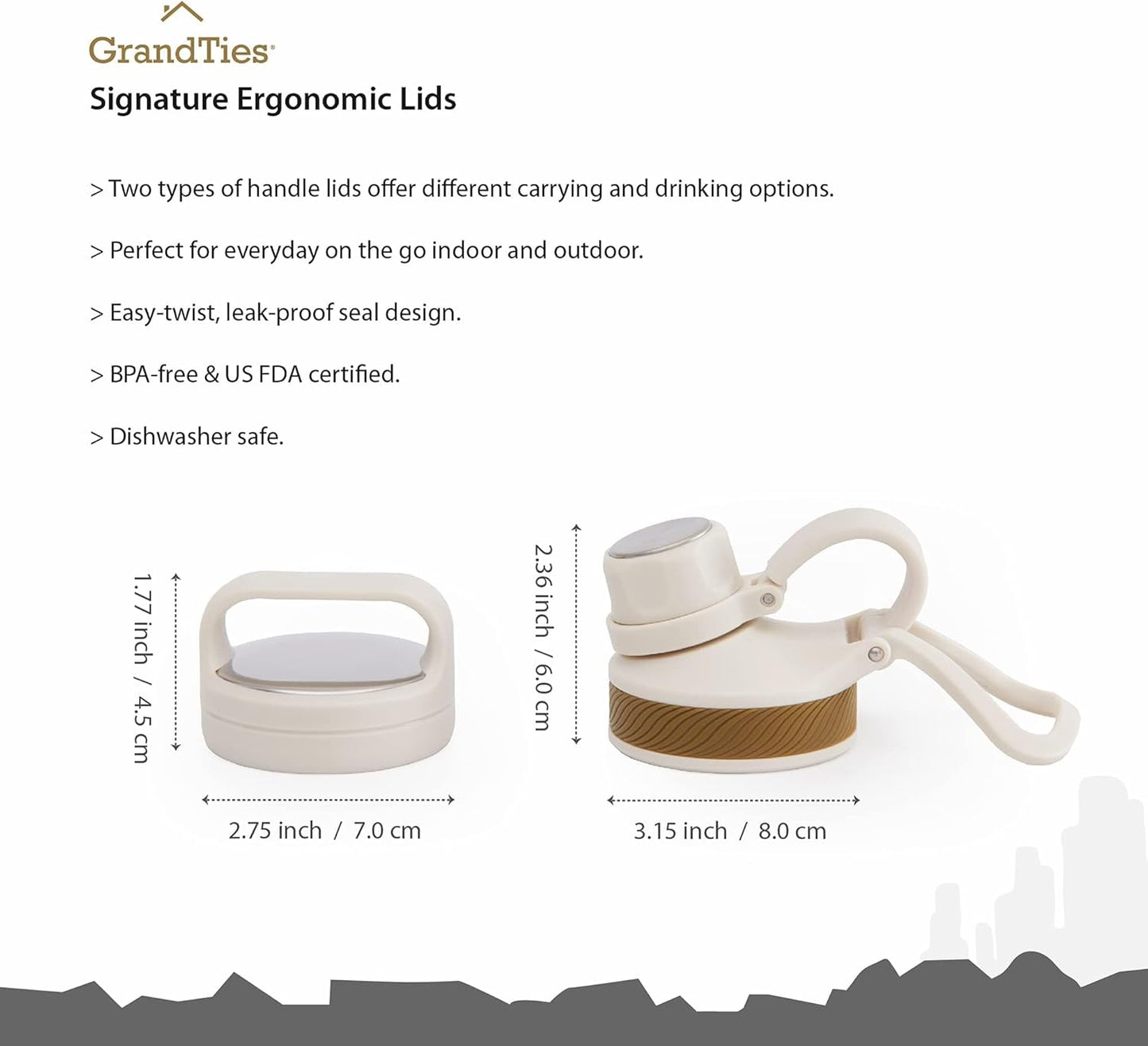 GRANDTIES 2 Lids Sports Stainless Steel Water Bottles – Wide Mouth Vacuum Insulated Reusable Leak Proof BPA-Free Travel Metal Canteen, Thermal Bottles for Men Women Gym (Ivory White 32 oz)