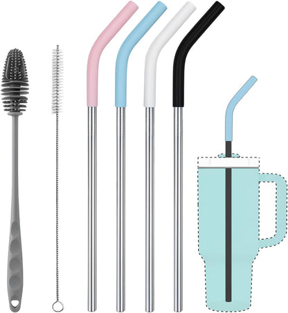 Replacement Straws for 40oz Stanley Tumblers,4 Pack Metal Straws Reusable Compatible with 40oz Cup,12" Extra Long Stainless Steel Straw with Silicone Tips,Cleaner Brush and Tumbler Brush