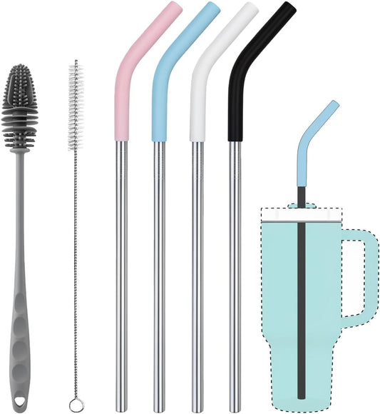 Replacement Straws for 40oz Stanley Tumblers,4 Pack Metal Straws Reusable Compatible with 40oz Cup,12" Extra Long Stainless Steel Straw with Silicone Tips,Cleaner Brush and Tumbler Brush