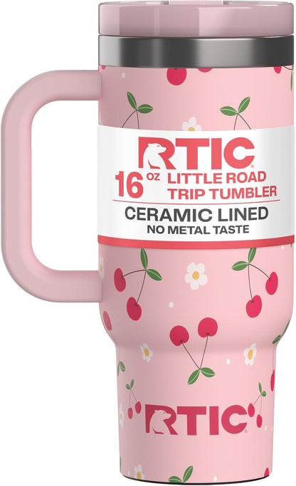 RTIC Little Road Trip Tumbler 16oz for Kids with Straw Lid and Handle, Ceramic Lined, Insulated Stainless Steel Travel Water Mug Cup, Leak-Proof, RTIC Ice Glitter