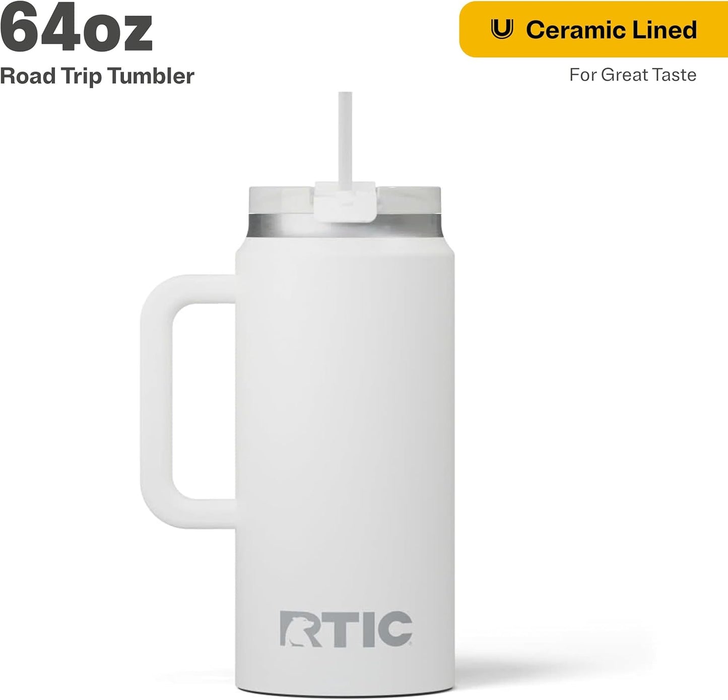 RTIC 64oz Road Trip Tumbler with Handle, Lid and Straw, Ceramic Lined, Insulated, Stainless Steel, Double Wall Vacuum-Insulation, Travel Cup, Cool Grey