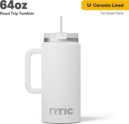 RTIC 64oz Road Trip Tumbler with Handle, Lid and Straw, Ceramic Lined, Insulated, Stainless Steel, Double Wall Vacuum-Insulation, Travel Cup, Cool Grey