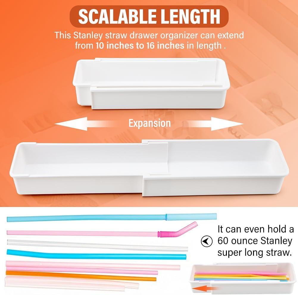Expandable Straw Organizer Drawer Organizers for Cabinet, Multi-Functional Plastic Straw Storage Fits 60oz Straws, Reusable and Adjustable