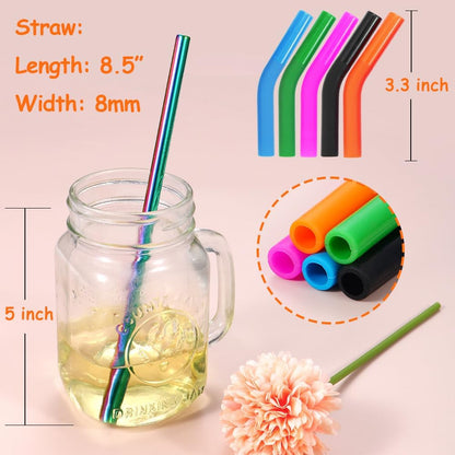 Lazycorner 16 Pcs Metal Straw Reusable 8.5" 10.5" 6mm Stainless Steel Straws for Tumblers 20oz-32oz, Rainbow Drinking Straws with Silicone Tips, 4 Straw Cleaner Brush, 1 Travel Case