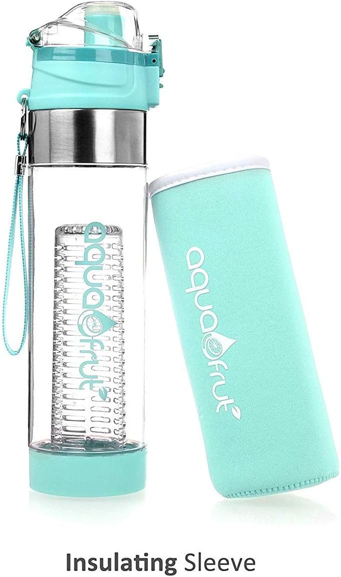 NEW Improved AquaFrut Bottom Loading Fruit Infuser Water Bottle Complete Bundle Includes Bottle Brush, Insulating Sleeve & Infusion Recipe eBook. Leak Proof Sweat Proof BPA-Free (Purple)