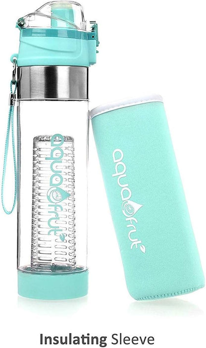 NEW Improved AquaFrut Bottom Loading Fruit Infuser Water Bottle Complete Bundle Includes Bottle Brush, Insulating Sleeve & Infusion Recipe eBook. Leak Proof Sweat Proof BPA-Free (Purple)