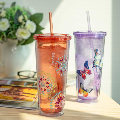 bzyoo SIP 24oz (710ml) Double Wall Plastic Tumbler with Lid and Straw Cold Drink Travel Mug Reusable Party Cup Perfect for Office Ice Coffee or Tea and Gift Color: Pink & Purple
