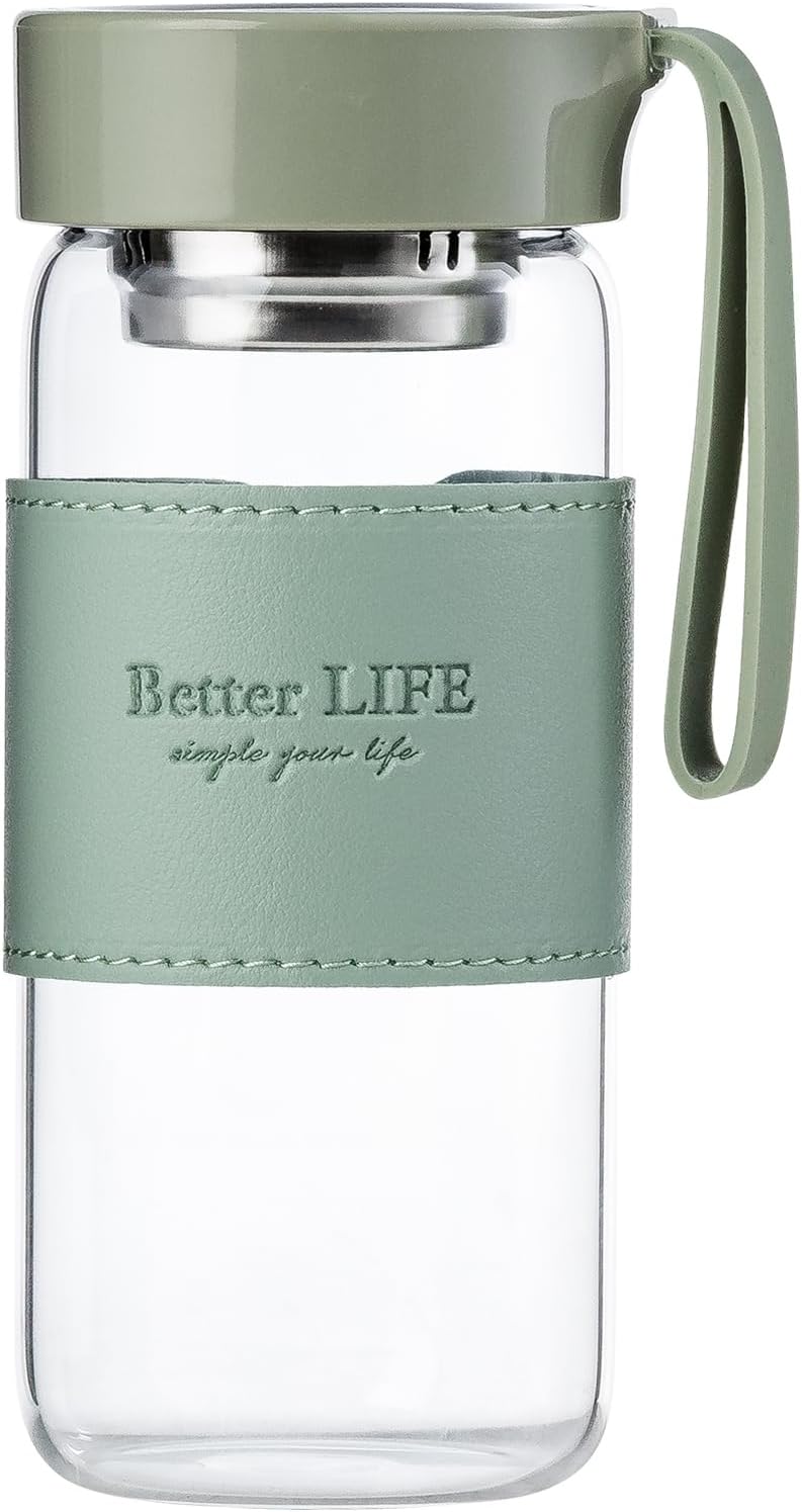 Glass Tea Bottle 16 oz Drinking Bottle with Non-Slip Holster, and Stainless Tea Infuser,Leak Proof Lid,Portable Glass Water Bottle for School, Office, Car & Home,as a gift, etc (Pink)