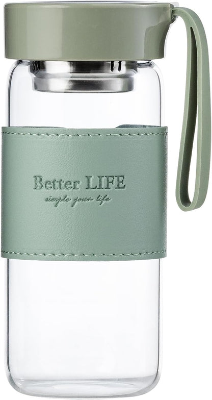 Glass Tea Bottle 16 oz Drinking Bottle with Non-Slip Holster, and Stainless Tea Infuser,Leak Proof Lid,Portable Glass Water Bottle for School, Office, Car & Home,as a gift, etc (Pink)