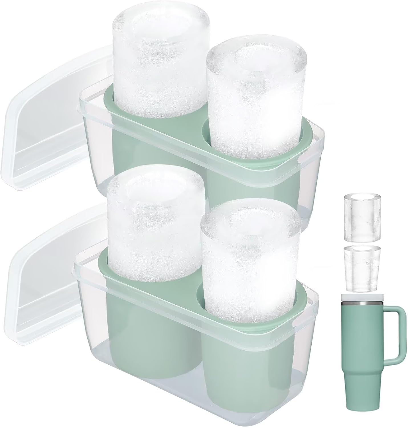 Ice Mold for Stanley Cup, Silicone Ice Cube Tray for Stanley Cup 30oz-40oz, Tumbler Ice Mold with Lid and Bin, Easy Release Cylinder Ice Cube Mold, 1 Pack, Eucalyptus