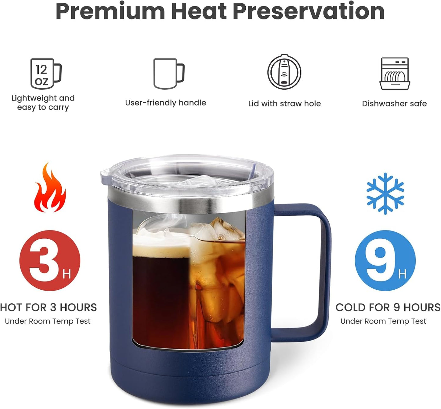MEWAY 12oz Coffee Mug With Handle and Sliding Lid,Stainless Steel Travel Tumbler Cup with Handle,Double Wall Vacuum Insulated Camping Cup for Hot & Cold Drinks Tea (Black,Set of 1