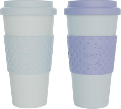 Copco Acadia 16oz Travel Mug with Lid, Set of 2 Double Wall Insulated Tumbler, Non-Slip Sleeve and BPA-Free - Microwave & Dishwasher Safe, Reusable Plastic To Go Travel Coffee Mug (Navy/Blue)
