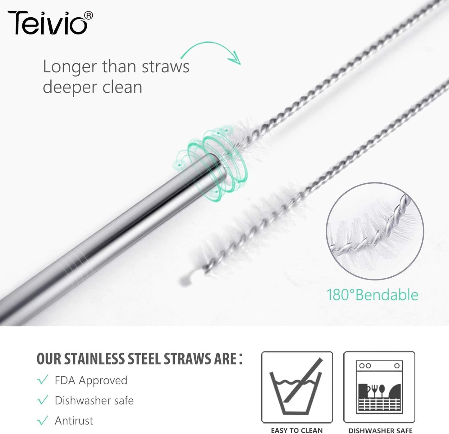 Teivio 8 Piece 5/16 inch (8mm) Wide Stainless Steel Straws for 40 oz Tumbler with Handle, 12 Inch Long Reusable Metal Drinking Straws, Replacement Straws with Silicone Tips & Cleaning Brush, Silver