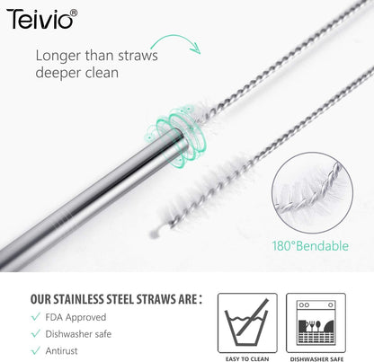 Teivio 8 Piece 5/16 inch (8mm) Wide Stainless Steel Straws for 40 oz Tumbler with Handle, 12 Inch Long Reusable Metal Drinking Straws, Replacement Straws with Silicone Tips & Cleaning Brush, Silver